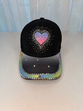 Black Rainbow Glitter Heart Rhinestone Studded Baseball Hat Cap Adjustable